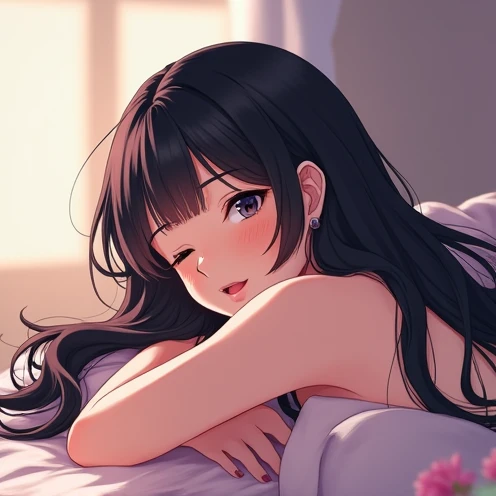 One Woman, cute, adorable, smiling, straight hair, long hair, black hair, morning, sunny, looking at the camera, bedroom, sunlight, tank top pajamas, (Resting chin:1.8) (on both hands:1.5), lying on bed, on stomach, on belly, (put stomach on bed:1.3)