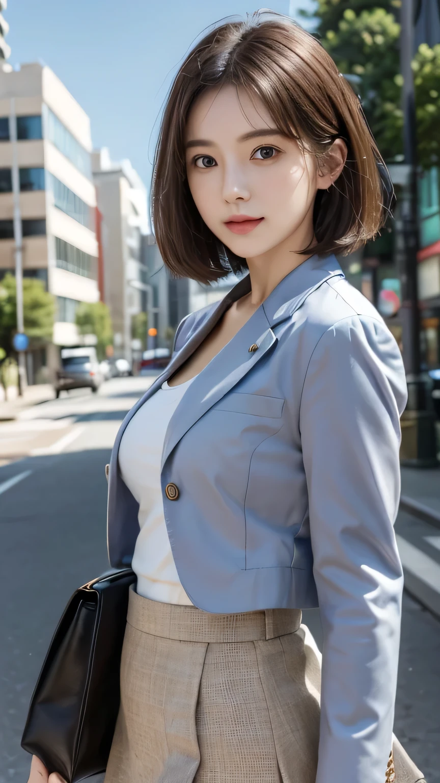 ((Highest quality)), ((masterpiece)), 8K quality, (detailed), High Resolution Skins:1.3, Realistic skin texture, One girl, full body, slim, smile, close mouth, Natural Makeup, fluffy short hair, Messy Hair, Asymmetrical bangs, Brown hair, Looking at Viewer, (Upper body from thighs up), sharp focus, Bust B cup, Slim figure, Beautiful eyes in every detail, realistic eye and face details, (office uniform), (bright colored suit jacket and same colored long thin skirt), short button-down shirt, Standing on a park in a big city with buildings, depth of field, (turning back, back shot), career woman, Japanese girl,
