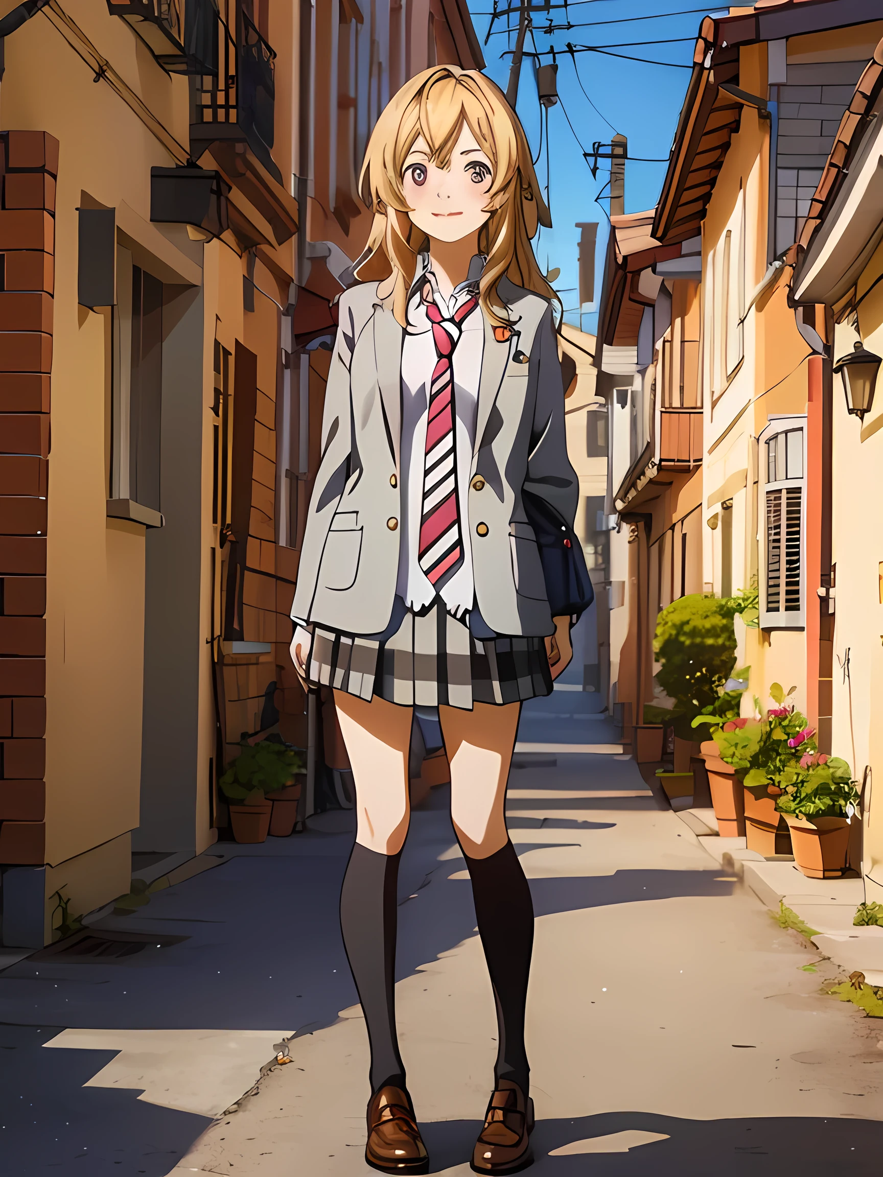 1girl, masterpiece, anime, 2d anime style, kaori miyazono, girl, wavy hair, yellow blonde, pink hairpin above ears, pale indigo eyes, smiling face, blue dyes shirt, grey skirt, red, white and black striped necktie, grey embroidered blazer, black knee-high socks, brown dress shoes, hand behind back, the parallel stance leg pose, standing middle of photo, eyes focused on middle