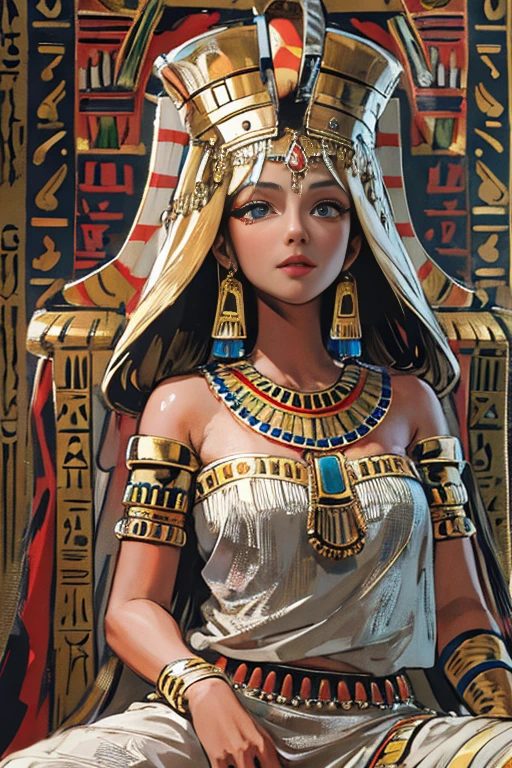 (High resolution, Best Quality, masterpiece, 8k), Ancient Egypt, Cleopatra style girl, Silver blonde middle, Pharaoh&#39;s clothing, Slight emphasis on the chest and cleavage, Face Real, sexy, face,  笑face,  Large Breasts, Ancient Egypt風の宮殿内, Luxurious throne, Lavish decoration, 