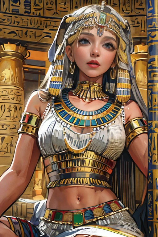 (High resolution, Best Quality, masterpiece, 8k), Ancient Egypt, Cleopatra style girl, Silver blonde middle, Pharaoh&#39;s clothing, Slight emphasis on the chest and cleavage, Face Real, sexy, face,  笑face,  Large Breasts, Ancient Egypt風の宮殿内, Luxurious throne, Lavish decoration, 