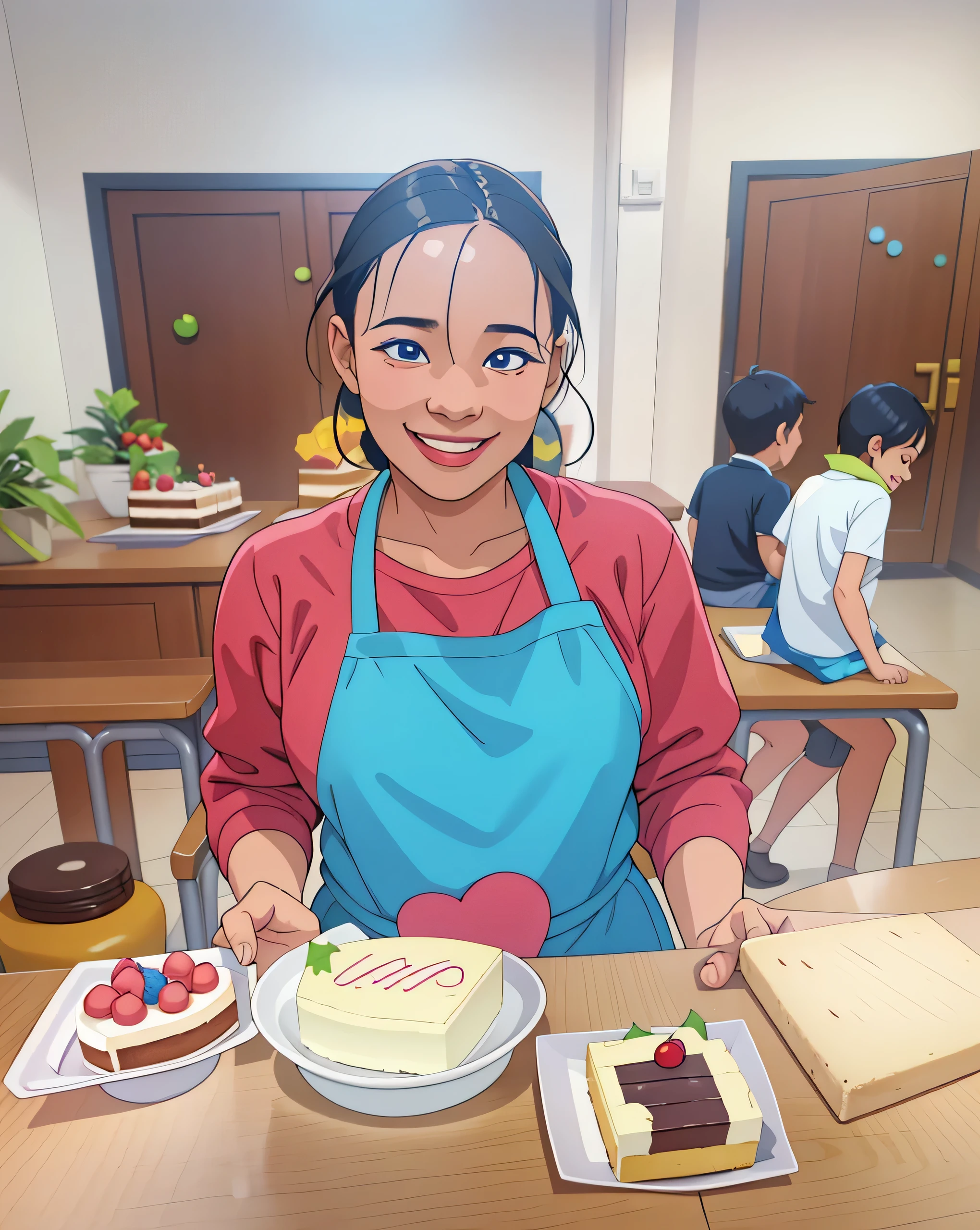 smiling woman holding a tray of decorated cakes in a classroom, yummy, chibi, kid, panting, potrait, :3, comming, random artist, holiday, inspired by Sarper Baran, inspired by Ni Yuanlu, kuntilanak, by Abidin Dino, semi realism, foto, picture, paining, cake in handHD,young people, cartoons, happy, happy, excited, excited, joyful, ((surprise)), carefree, beautiful eyes, cute, smiling face, UWU, happy, proud, ((smiling face)),;3, uwu