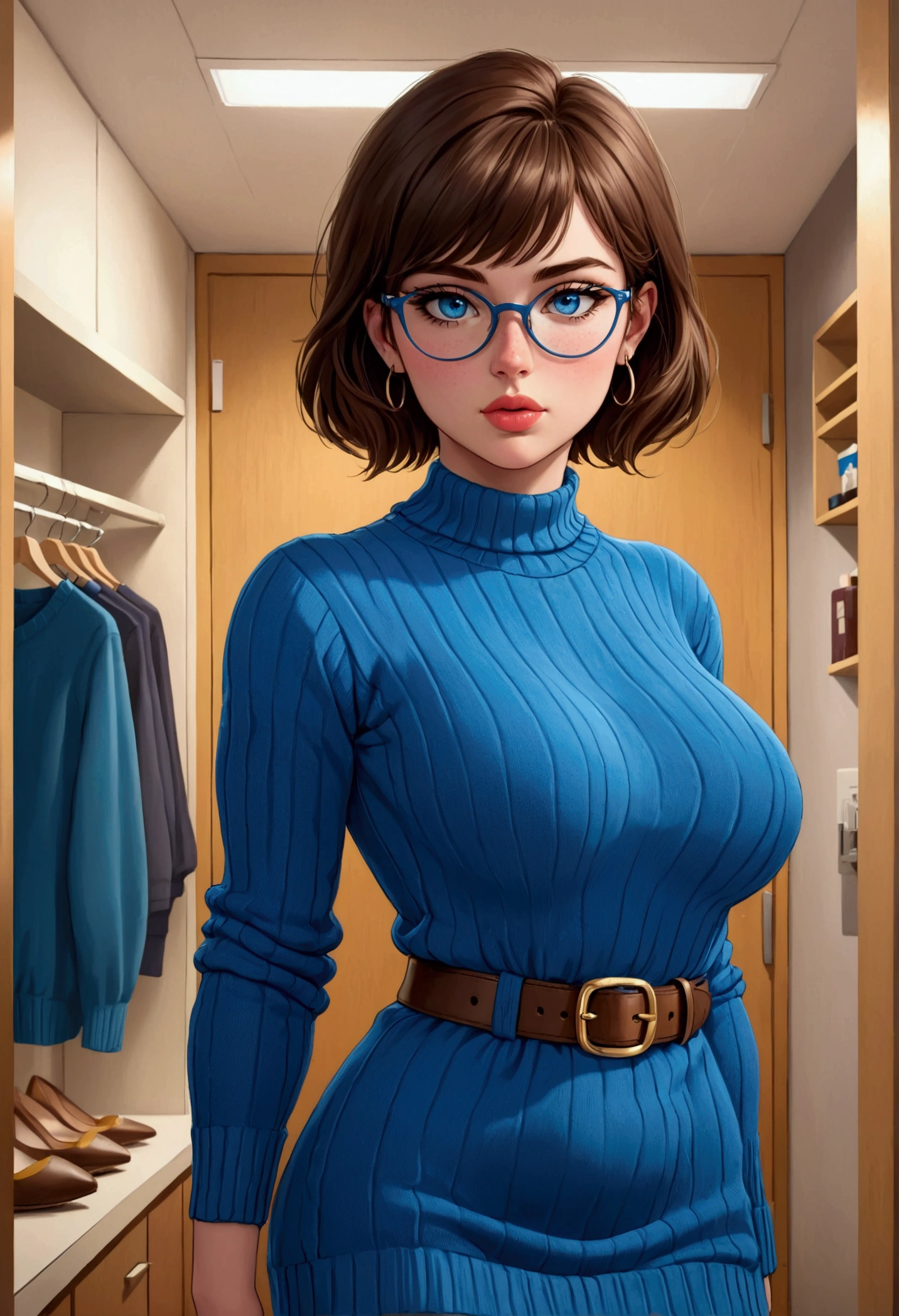 20 years old woman, Short brown hair, Méditerranéenne aux blue eye, Generous and heavy breasts, slender waist, definition of l'estomac, fesses rebondies et pulpeuses, naturally curved, muscular thighs, aguicheuse, fitting room , blue eye, lunettes, leather skirt and bustier, talons, Selfie