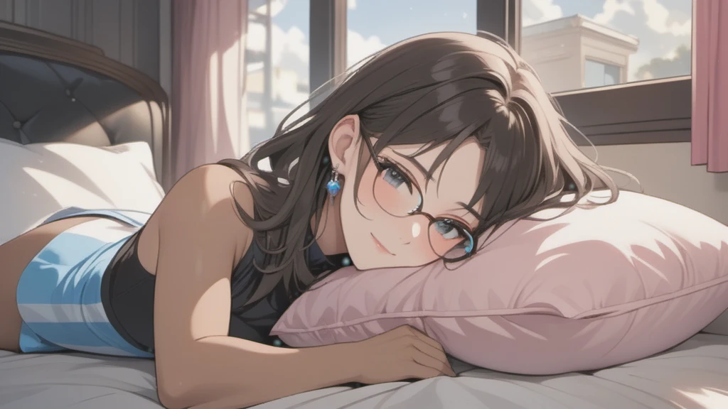 a woman with very short dress, sleeveless, clothes with trans flag colors((pink white and blue)), black eyes,(((brown skin))), long wavy black hair, wearing high heel sandals, lying on her back in bed, cute smile, face blushing, bedroom background, high quality, masterpiece, anatomically correct, detailed background, better quality, original work, focus on details, wife around, upper view, earrings, wind blowing through window, eye glasses, head resting on pillow,