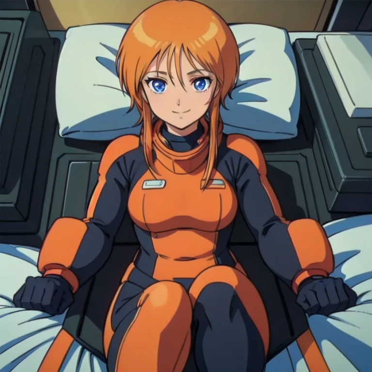 (masterpiece、Highest quality、High resolution、Perfect artwork、The perfect woman、1 Girl、solo)、
L People,Red and black space pilot suit、
Short Hair、Orange Hair、Short hair, long locks、Side Lock、Hair between the eyes、blue eyes、
Cute anime girl、 smile、Sleep in bed