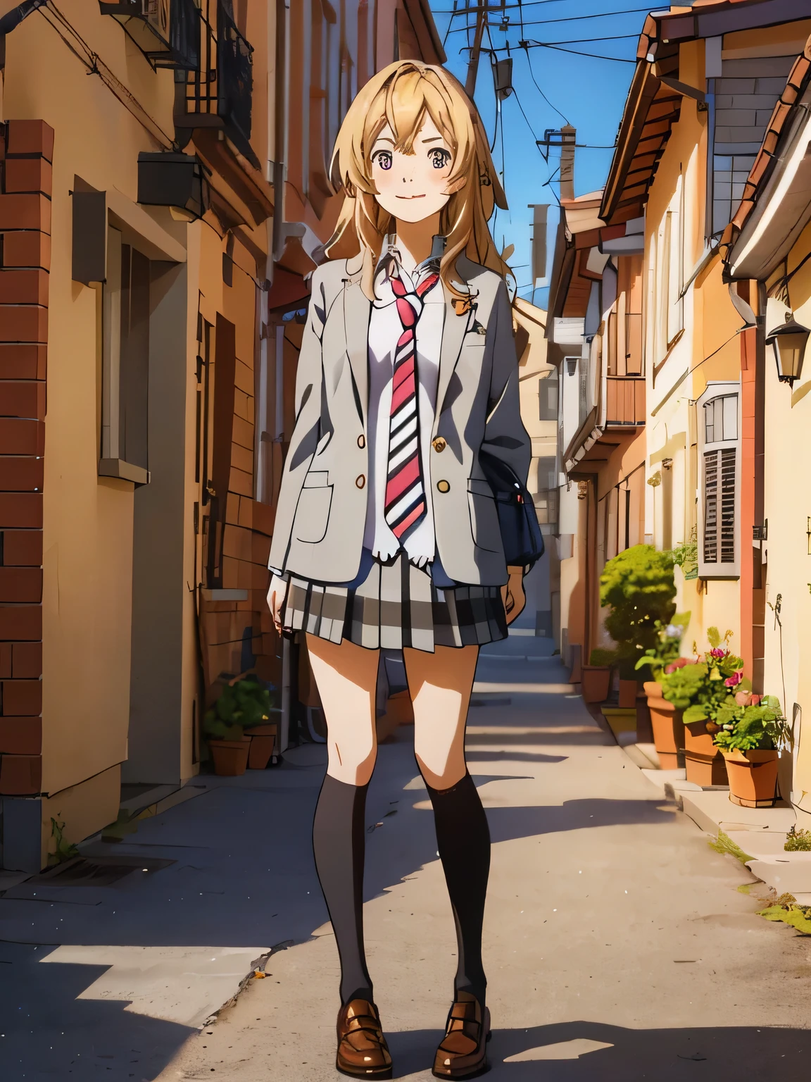 1girl, masterpiece, anime, 2d anime style, kaori miyazono, girl, wavy hair, yellow blonde, pink hairpin above ears, pale indigo eyes, smiling face, blue dyes shirt, grey skirt, red, white and black striped necktie, grey embroidered blazer, black knee-high socks, brown dress shoes, hand behind back, the parallel stance leg pose, standing middle of photo,