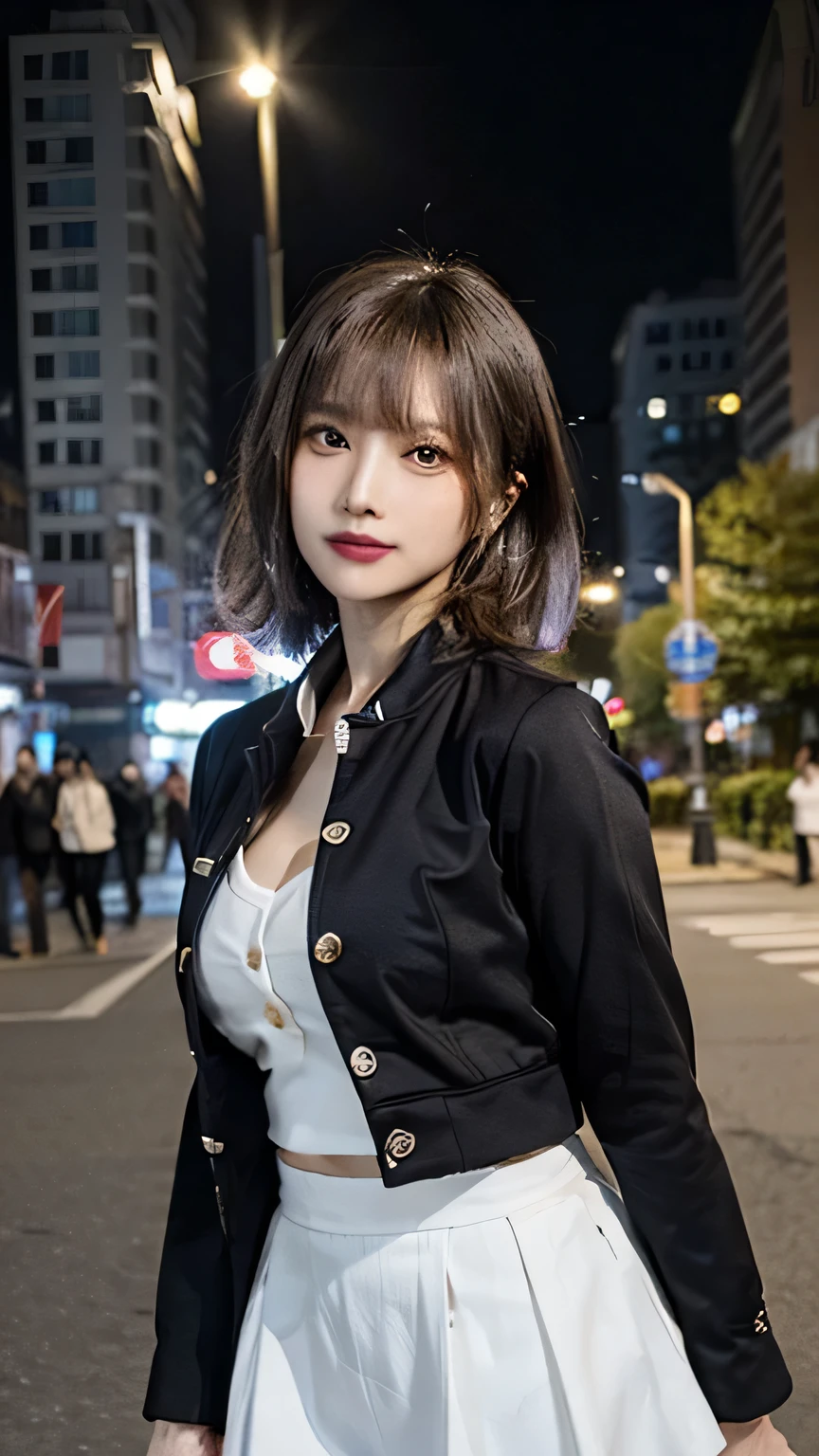 ((Highest quality)), ((masterpiece)), 8K quality, (detailed), High Resolution Skins:1.3, Realistic skin texture, One girl, full body, slim, smile, close mouth, Natural Makeup, fluffy short hair, Messy Hair, Asymmetrical bangs, Brown hair, Looking at Viewer, (Upper body), sharp focus, Bust B cup, Slim figure, Beautiful eyes in every detail, realistic eye and face details, (office uniform), (bright colored suit jacket and same colored long thin skirt), short button-down shirt, Standing on a park in a big city with buildings, depth of field, ((body facing forward)), career woman, Japanese girl,