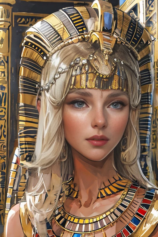 (High resolution, Best Quality, masterpiece, 8k), Ancient Egypt, Cleopatra style girl, Silver blonde middle, Pharaoh&#39;s clothing, Slight emphasis on the chest and cleavage, Face Real, sexy, face,  笑face,  Large Breasts, Ancient Egypt風の宮殿内, Luxurious throne, Lavish decoration, 