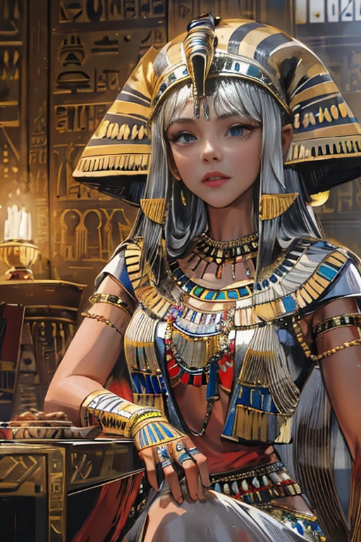 (High resolution, Best Quality, masterpiece, 8k), Ancient Egypt, Cleopatra style girl, Silver blonde middle, Pharaoh&#39;s clothing, Slight emphasis on the chest and cleavage, Face Real, sexy, face,  笑face,  Large Breasts, Ancient Egypt風の宮殿内, Luxurious throne, Lavish decoration, 