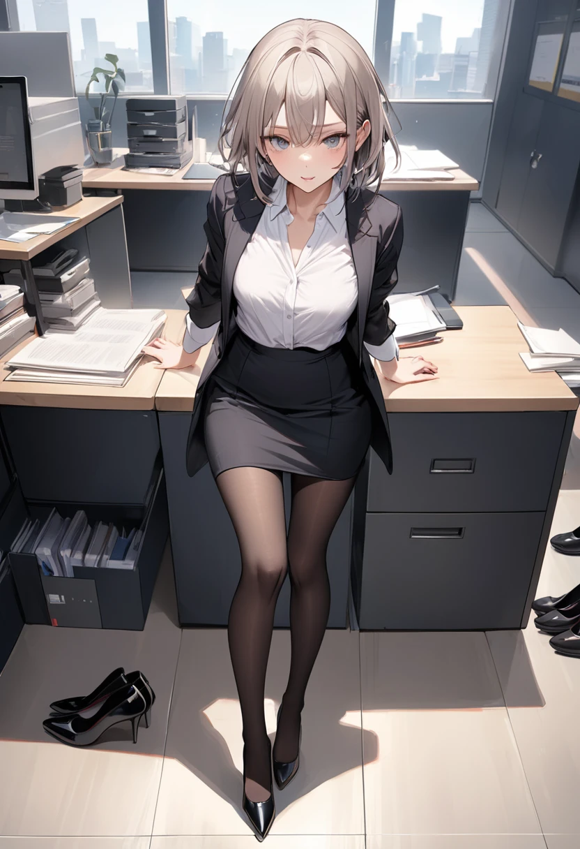 Female teacher peeing、Female teacher is in interview、A female teacher and an interviewer are having a meeting in a conference room、The female teacher pees when she stands up from the sofa with both hands on the desk.、Female teacher wears a black jacket、Female teacher wears a black miniskirt、Female teacher's pussy is fully visible、Image looking up at a female teacher from below、The female teacher's lower body is wet with urine、the sofa is wet with urine、Female teacher has a perfect body line、Female teacher has big breasts、The female teacher spreads her legs、The female teacher has long black hair.、The female teacher is wearing black high heels.、A large amount of pee like a waterfall、The female teacher has teary eyes and looks embarrassed, but she can't stop peeing.、A look of contempt from the interviewer、HD quality