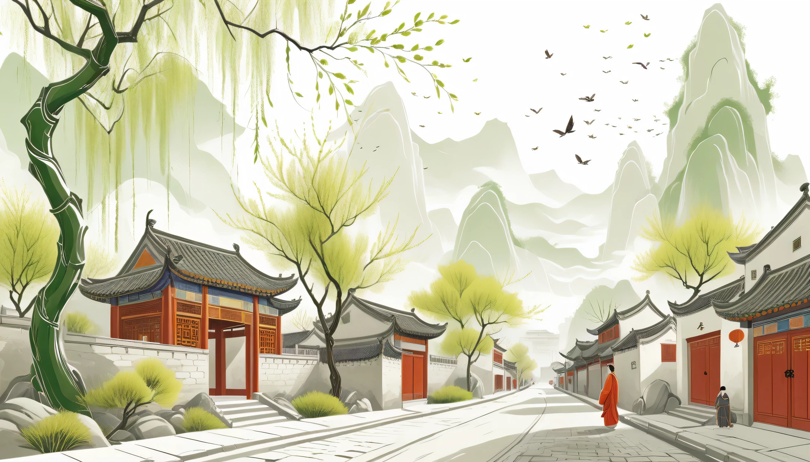 Looking up，Ancient Chinese streets，spring，Willow，Mainly line illustrations，Simple and Flat