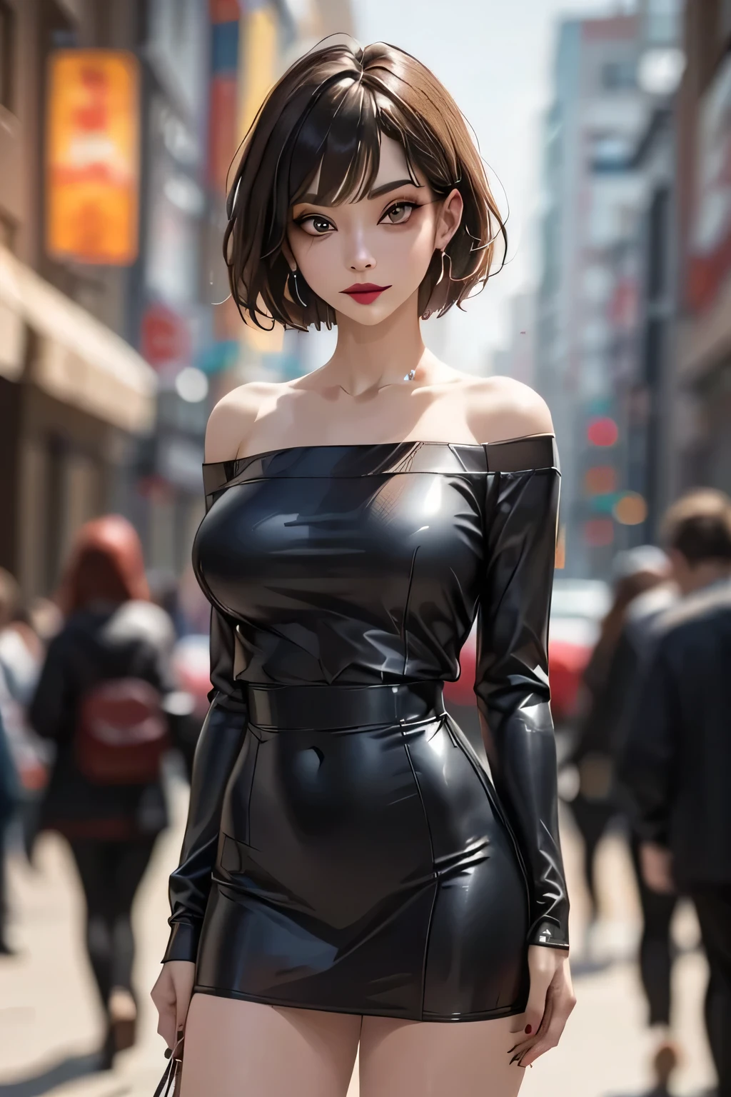 4K Ultra Sharp、Best Quality, masterpiece, Ultra-high resolution, (reality: 1.4),   girl, brown eyes, Off-the-shoulder sweater dress, Cinematic Lighting、Purple and black hair、(mine girl、Goth Makeup、My Makeup)、(Earrings、Big Breasts、An oversized black t-shirt with open shoulders、Dark mini skirt)、((Heavy makeup、Oilskin,Glittering Skin、Realistic skin texture、Detailed beautiful skin、Shiny skin)), Dark downtown at night、night、blue film photography、Kabukicho、Dark Cyberpunk、(Full Shot:1.8)、Thin legs、Thin arms、Narrow shoulders、Narrow waist、Slender body、Big Breasts、whole body、((超Big Breasts)),
