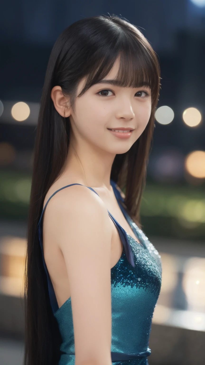 1girl,(wearing a blue glittery evening dress:1.2),(RAW photo, best quality), (realistic, photo-realistic:1.4), masterpiece, an extremely delicate and beautiful, extremely detailed, 2k wallpaper, Amazing, finely detail, extremely detailed CG unity 8k wallpaper, ultra-detailed, highres, soft light, beautiful detailed girl, extremely detailed eyes and face, beautiful detailed nose, beautiful detailed eyes,cinematic lighting,city lights at night,perfect anatomy,slender body,light smile,close up,(long hair with bangs)