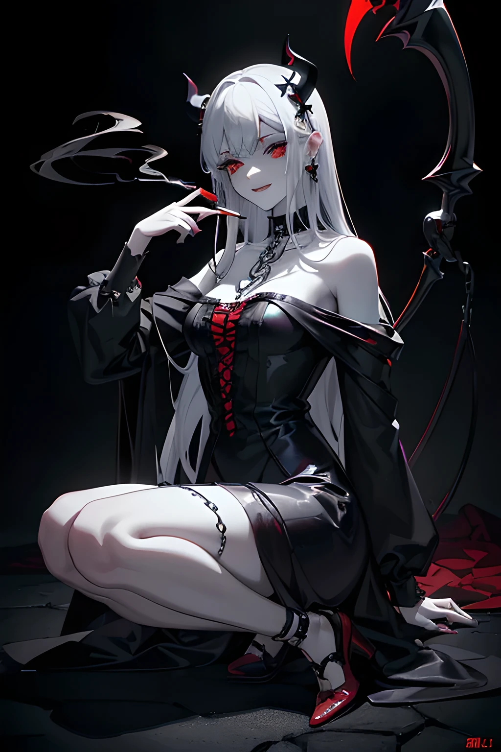 (Best Quality4K,High resolution,masterpiece:1.2),Very detailed,Realistic:1.37,,(whole body, I can see your feet and shoes: 1.2),、(,Spooky altar background,Dark fantasy,Red color scheme,Ominous atmosphere,Eye-catching,Storytelling,anatomy,Anime Style,Concept Art,beautiful fine details of the face and (((Red eyes ))),A terrifying ritual ,Smoking a cigarette,Cigarette smoke,Satanic Ritual,Premature death,Inappropriate behavior,crazy smile,Scythe Face,Girl Monster, beautiful, Delicate facial features, Sharp Eye, Sharp fangs, pale Skin, Thick Chain, Dark Background Cinema Lighting, Dramatic Shadows, Gothic style, Gloomy atmosphere, Dark fantasy, One person&#39;S, Please open your mouth wide, Open your mouth and baring your teeth,Sharp teeth like a beast, Wide lips, Very wide mouth, Red cheeks, ,(Blood splatter:1.2),Scary smile, smile,Angel Design, TwiSted smile、Bloody、Head bleeding,,,,,、Blood splatter、,(Blood splatter:1.2),skull,Horror Style, ((Fantasy Sweet Ta Frill Pink Costume)), ((Flowing blonde hair)), ,(Blood splatter:1.2),Female Curves, Sexy flat stomach, Perfect hands, Perfect anime character face, (Pink Tata Dress)), Standing, ((Evil smile)), ,(Blood splatter:1.2), Steam circulation, Moonlight Illumination, night lighting, (Blood splatter:1.6),Anime Angel Design, TwiSted smile、Bloody、Head bleeding,,,,,、Blood splatter、,(Blood splatter:1.2), skull,Gothic architecture、Western architecture、fantasy world、,Victorian city, Skeleton Gas Light,Absurd, High resolution、 ((Tabletop)), ((Best Quality)), (Very detailedな), ((Very detailed)), (beautiful), ((cute)), (NFSW:1.8), One person,(:1.6)、(world&#39;The most terrifying and creepy demon :1.5)beautiful face、whole bodyエズビアン、pale, Beautiful skin、Beautiful golden hair、Smiling Kindly、Dark building ruins、(snow white&#39;Frill dress:1.5)、(The dark ruins are stained with blood:1.3)、low angle whole body shot、(The girl is Standing:1.5)、(The ground is full of blood:1.2)、(Lost a lot of blood...:1.2)、(crazy smile:1.6)、Spirits、(Blood dripping from the mouth:1.2)、Neo-Gothic style, W