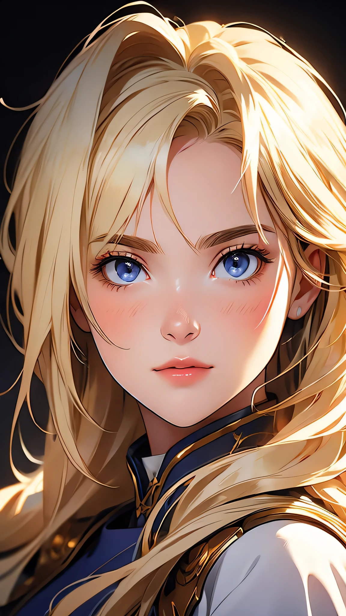 ((Masterpiece)), envision a 8k, highres, cinematic, extremely beautiful semi realistic close up portrait of a beautiful lady with a soft face, slender body, athletic body, armour, ((long blonde hair)), blush, smile, flustered, side locks, long bangs, round face, long sweeping bangs, blue eyes, soft lips, lip gloss, thick eyebrows, round face, ((((1girl)))), in dark lighting, against a dark gray background