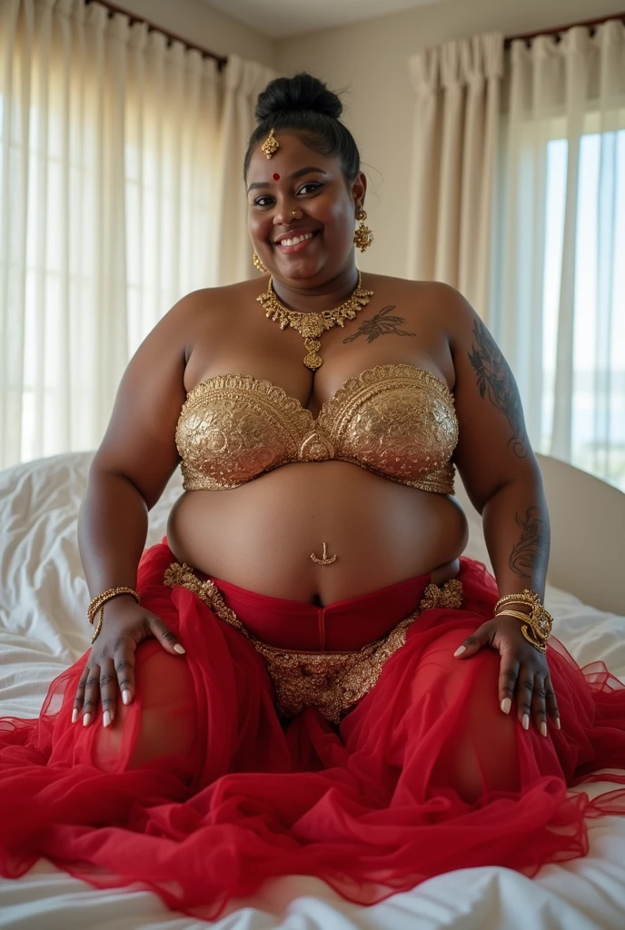 Desi aunty standing, with deep, rich, dark black skin that gleams under the light, slim body, bending to emphasize her ample breasts, partially undressed with exposed thighs, strikingly attractive face, confident expression, adorned with traditional jewelry, and vibrant, colorful clothing.