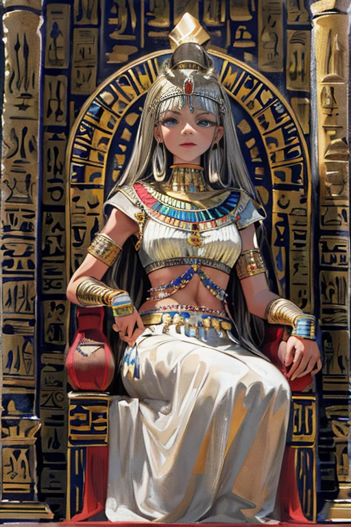 (High resolution, Best Quality, masterpiece, 8k), Ancient Egypt, Cleopatra style girl, Silver blonde middle, Pharaoh&#39;s clothing, Slight emphasis on the chest and cleavage, Face Real, sexy, face,  笑face,  Large Breasts, Ancient Egypt風の宮殿内, Luxurious throne, Lavish decoration, 