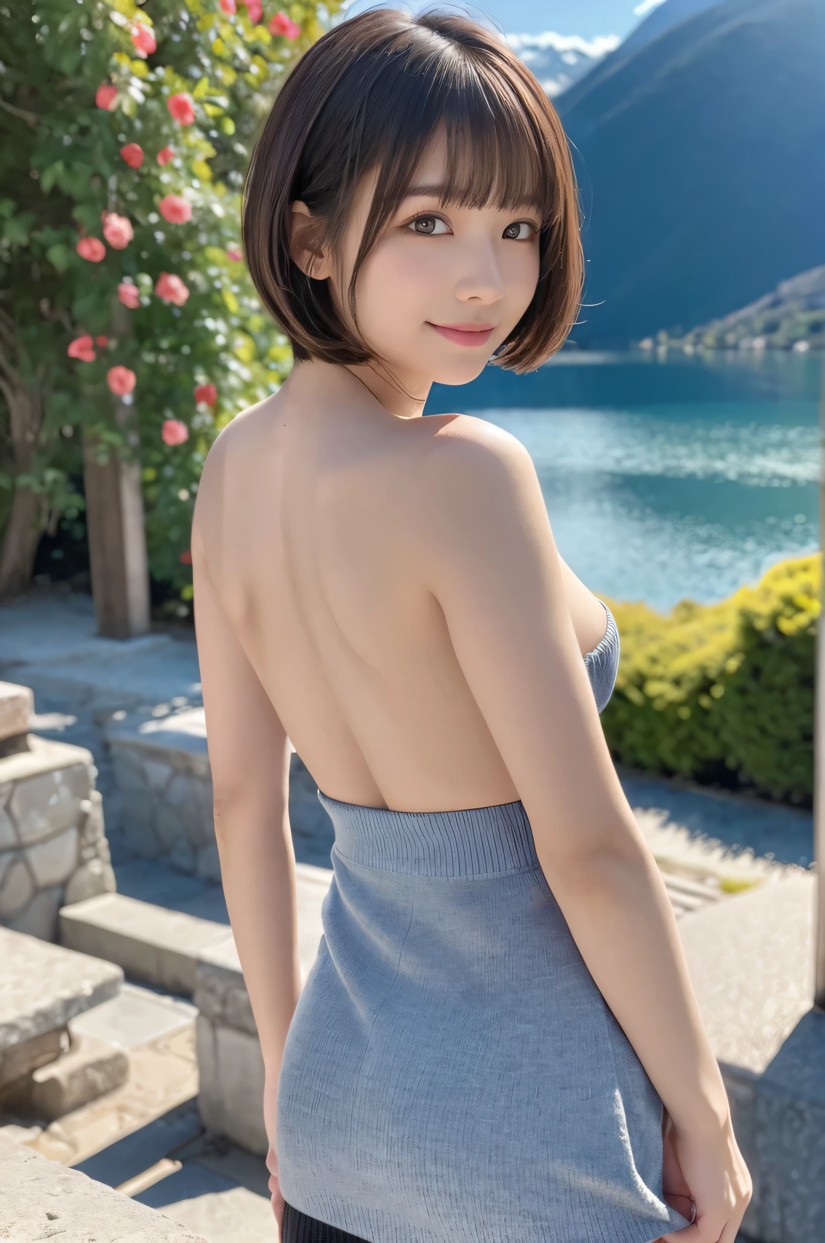 SFW, 
from the Terrace in the Mountain, One Girl Looks Down at the Sunset Glowing Town Facing the Sea which Has Many Small Islands, 
The Mountain Has Many Steep Stone Steps, 
Temples Exist Halfway in the Mountain, 
The Pale Skinned Japanese Girl with Wide-Set Eyes is -Yeld anas Very Short Bob Cut, 
The Girl Bashfully Blushes and Shows off the Only a Few Buttocks Protruded from Blue Bloomers to the Viewer and Wares White Gym Shirts and Opens Mouse Slightly, 
Medium ASS, Small Breasts, slender waist, Ecstasy, Smiling, Cheerful, High protruding buttocks, Protruding buttocks, 
from Below, from Side, from Back, Full Body, Dynamic Angle, 
8K, RAW Photo, Best Quality, Masterpiece, Realistic, PhotoRealistic, Extremely Detailed 8K Wallpaper, (Perfectly anatomically correct:1.6), Beautifully Detailed Eyes, Finely Detailed Face, 
Professional Lighting:1.6