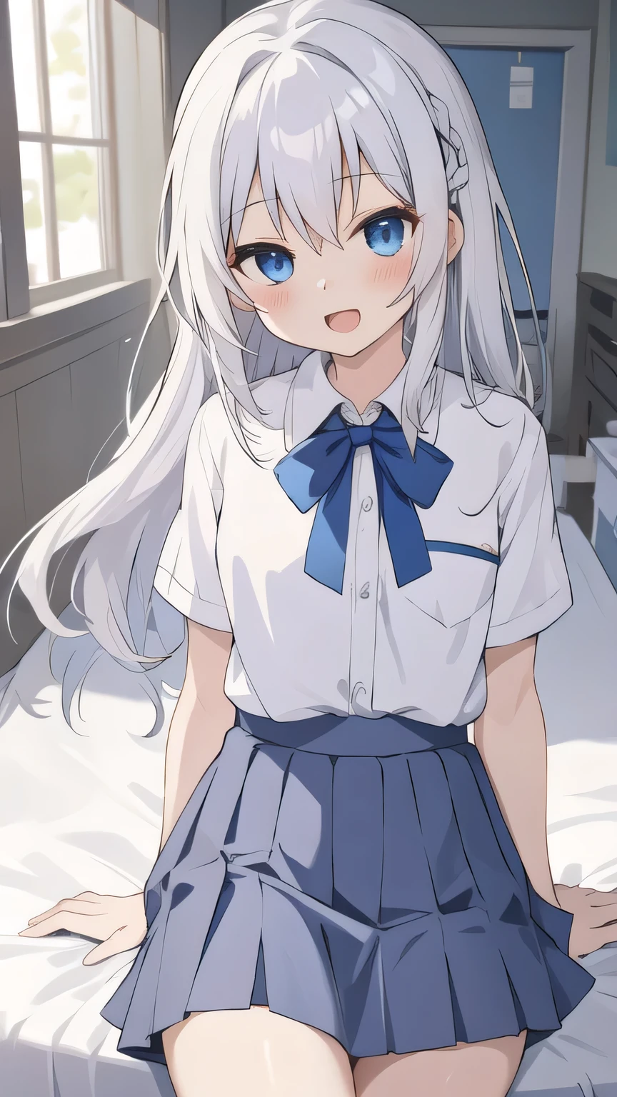 cute girl, アニメ, silver hair, straight hair, Blue eyes, (young:0.9), (small bust:0.5), (cute:1.3), (middle bust:0.8), (cute girl:1.2), cowboy shot, cute, side shot, (Smail:1.3), open mouth, backwards, white school uniform, (dark blue skirt:1.4), (ローアングル:1.5), close eyes, (cross legs:1.2), (seduce:1.4), no pantie