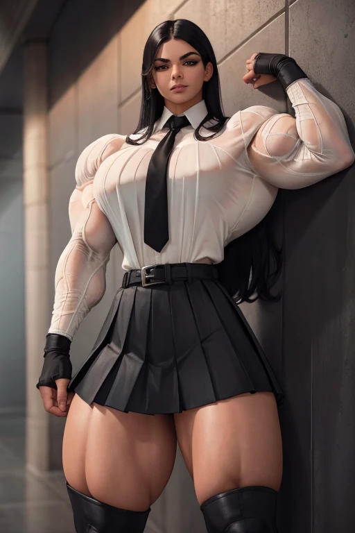 ((Close-up)), tall, (jet black hair) beautiful muscular woman, long straight hair, light brown skinned, closed smile, (black lipstick), (massive muscles), (hyper muscle), ((ginormous bulky muscles)), white eyes, ((((long sleeve white pleated shirt)))), ((black long pleated skirt with belt)), (fingerless gloves), necktie, thigh high boots, (leaning on a wall flexing), in a college campus, 