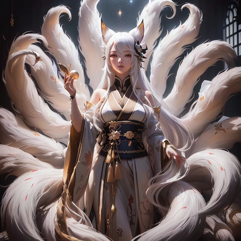 Close-up of a fox with nine tails, nine tails, nine tails, chtulhu, inspired by Sugimura Jihei, delicate and fine. tentacles, white alien squid, ghostly form, inspired by Sōami, jormungand, mystical creatures, "phoenix wallpaper"