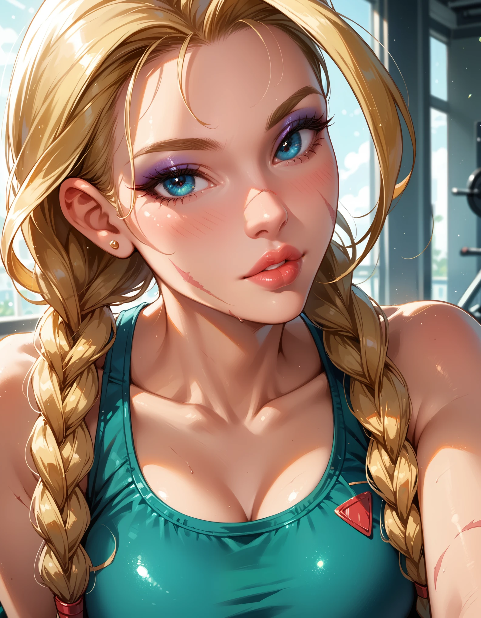 score_9, score_8_up, score_7_up, rating_questionable, epiCPhoto, 1girl, very sexy (cammySDXL, blonde hair, long hair, twin braids, scar on face:1.1), beautiful waifu, yogapants, dark green yoga pants, in gym, long legs, thicc, solo, cute, flirt, gaze, sexy look, half-closed eyes, head tilt, filled lips, thick lips, makeup, modelling shoot, sexy pose, face portrait, close-up.