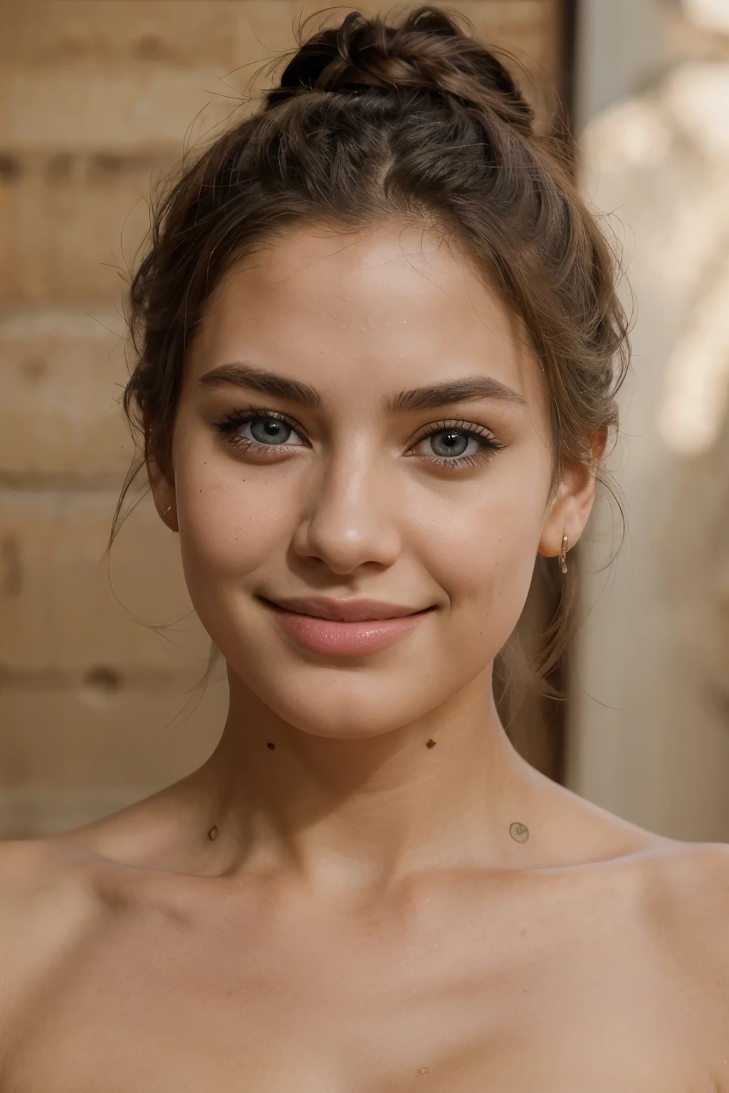 front view ,portrait ,looking at viewer, (pretty eyes, beautiful lip, smile), textured skin , HI detailed skin, (anatomically correct, super detail, high details) top knot