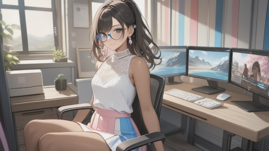 a woman with very short dress, sleeveless, clothes with trans flag colors((pink white and blue)), black eyes,(((brown skin))), long wavy black hair, wearing high heel sandals, sitting  on chair at computer station, cute smile, face blushing, bedroom background, high quality, masterpiece, anatomically correct, detailed background, better quality, original work, focus on details, wife around, upper view, earrings, wind blowing through window, eye glasses