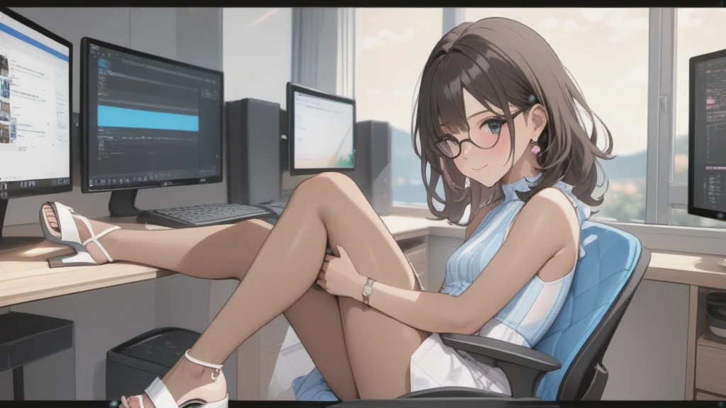 a woman with very short dress, sleeveless, clothes with trans flag colors((pink white and blue)), black eyes,(((brown skin))), long wavy black hair, wearing high heel sandals, sitting  on chair at computer station, cute smile, face blushing, bedroom background, high quality, masterpiece, anatomically correct, detailed background, better quality, original work, focus on details, wife around, upper view, earrings, wind blowing through window, eye glasses