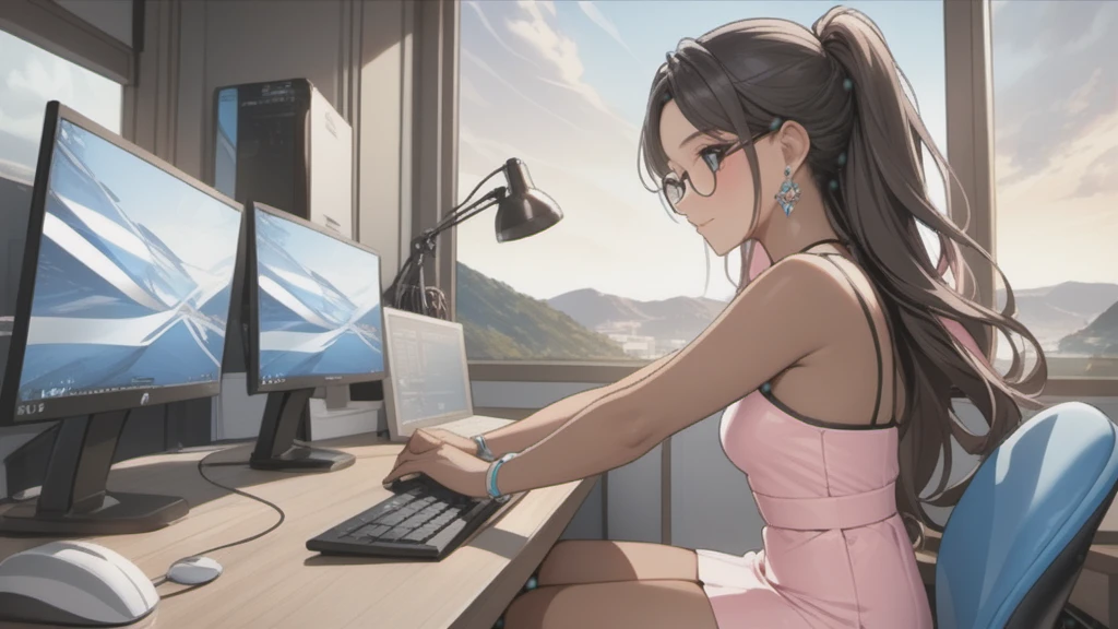 a woman with very short dress, sleeveless, clothes with trans flag colors((pink white and blue)), black eyes,(((brown skin))), long wavy black hair, wearing high heel sandals, sitting  on chair at computer station, cute smile, face blushing, bedroom background, high quality, masterpiece, anatomically correct, detailed background, better quality, original work, focus on details, wife around, upper view, earrings, wind blowing through window, eye glasses