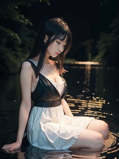 waterfallr、pool、Stone slope、Young woman in black bandeau dress