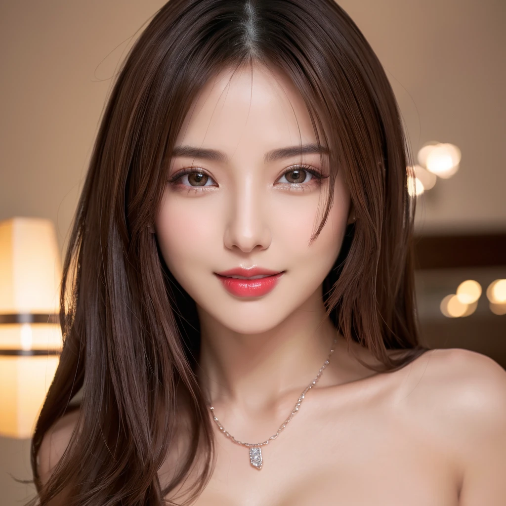 ((Night, Realistic Light, Best Quality, 8K, Masterpiece: 1.3)), 1girl, Slim Beauty: 1.4, Abs: 1.1, (Brown Hair, : 1.3), Bathroom, Super Fine Face, Thin Silver Necklace, Detailed Eyes, Double Eyelids, hand cover vagina
