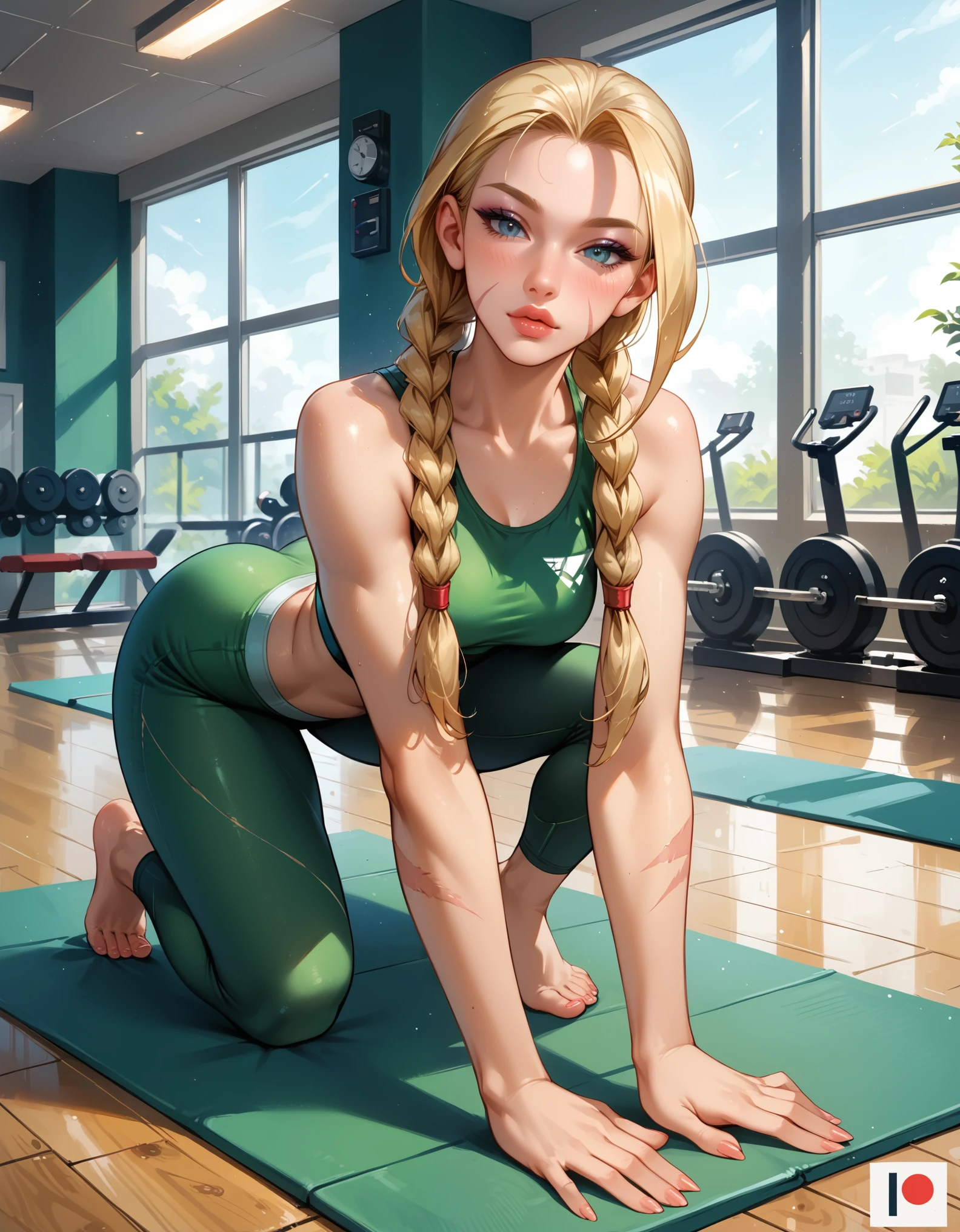 score_9, score_8_up, score_7_up, rating_questionable, epiCPhoto, 1girl, very sexy (cammySDXL, blonde hair, long hair, twin braids, scar on face, barefoot:1.1), beautiful waifu, yogapants, dark green yoga pants, in gym, on yoga mat, long legs, thicc, solo, cute, flirt, gaze, sexy look, half-closed eyes, head tilt, filled lips, thick lips, makeup, modelling shoot, sexy pose.