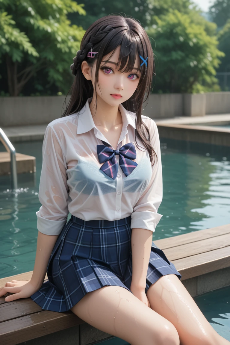 1girl, solo, skirt, shirt, hair ornament, long hair, white shirt, looking at viewer, barefoot, sitting, wet, plaid, wet clothes,  bare legs, black hair, water, blue skirt, hairclip, collared shirt, bow, plaid skirt, bangs, school uniform, x hair ornament, bowtie, pleated skirt, blue bow, bra, breasts, blue bowtie, long sleeves, wet shirt, bra visible through clothes, :d, dress shirt, outdoors, shallow water, pink eyes, purple eyes, shirt tucked in, thighs, see-through, hand up, collarbone, sleeves rolled up, miniskirt, braid