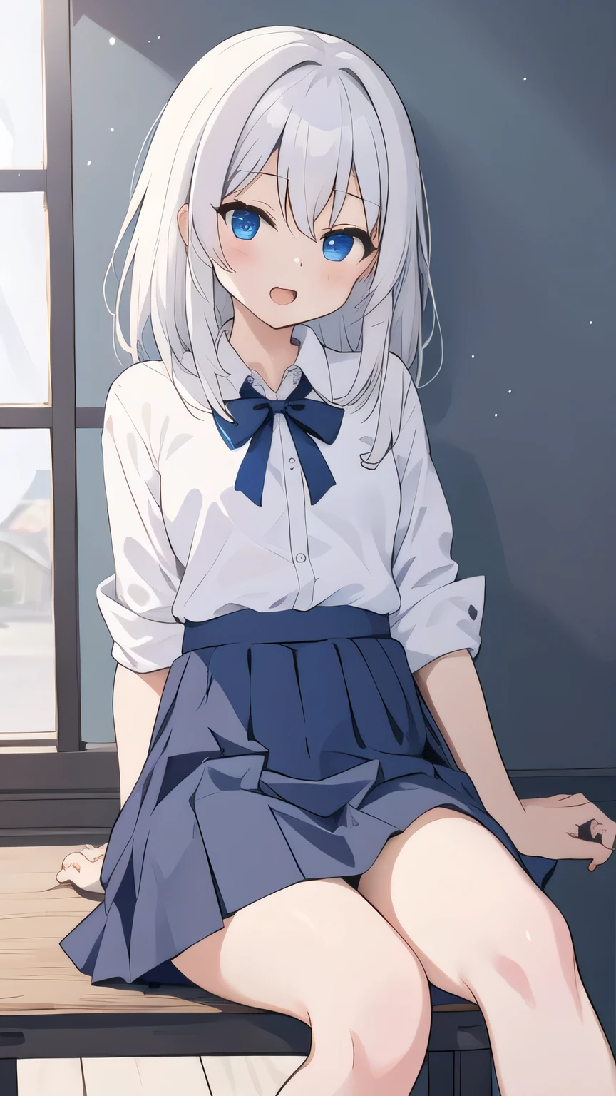 cute girl, アニメ, silver hair, straight hair, Blue eyes, (young:0.9), (small bust:0.5), (cute:1.3), (middle bust:0.8), (cute girl:1.2), cowboy shot, cute, side shot, (Smail:1.3), open mouth, backwards, white school uniform, (dark blue skirt:1.4), (ローアングル:1.5), close eyes, (cross legs:1.3), (seduce:1.4), (no pantie:1.3), sit down