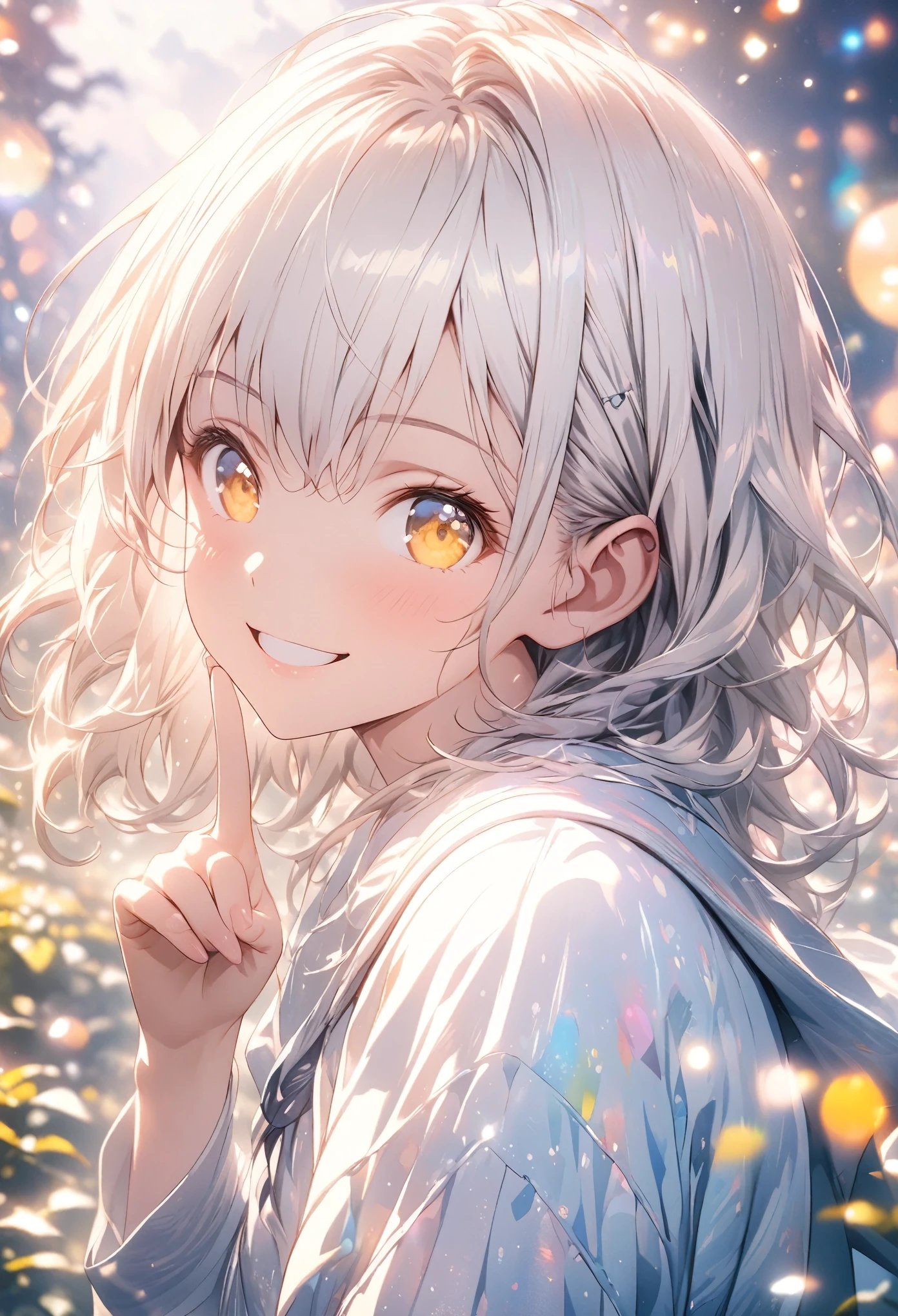 cinematic lighting, lens flare, f/1.2, masterpiece, Highest quality, Highly detailed CG Unity 8K wallpapers, Girl Anime Illustration. Making a finger gun gesture to the audience, she has her eyes closed and mouth open, smile. The background is a light pastel colored landscape., white hair color, Yellow Eyes, Bokeh Photo, (Soft Focus):1.2, Out of focus highlights, Dreamy atmosphere, Glowing circle, Fascinating Depth, The background is also realistic, Depth of written boundary, garden