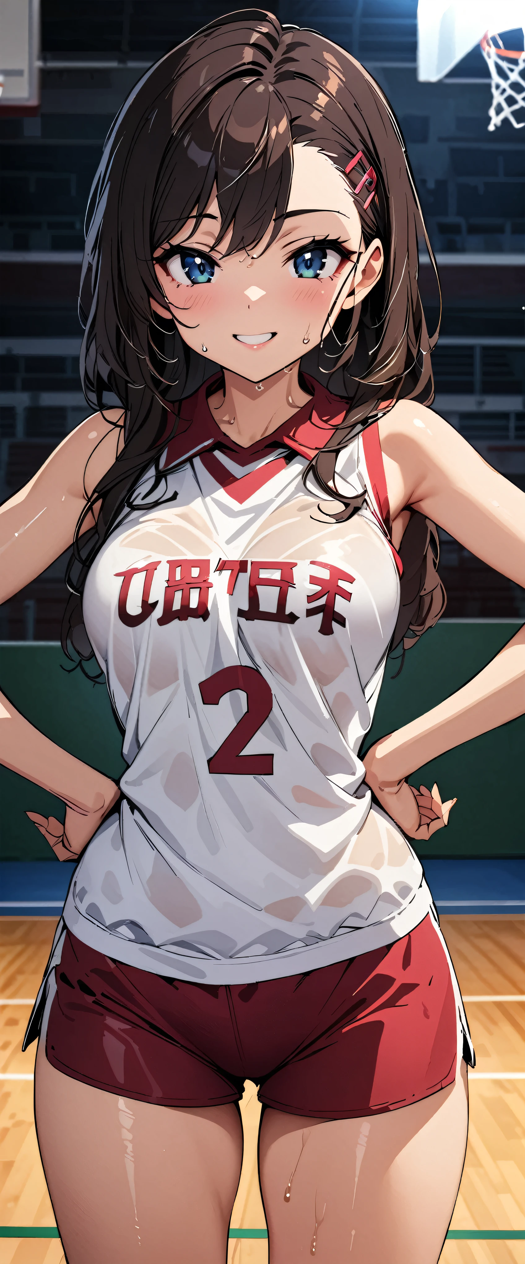 (masterpiece,highest quality,超A high resolution),japanese woman, (((Very beautiful 2 girl))), pretty girl、look at the photographer､  (()), super cute face, glossy lips, double eyelids in both eyes,natural smile、 natural makeup, long eyelashes, Shiny and smooth hair､center image,  perfect limbs, perfect anatomy,(((basketball sleeveless uniform)))、,(wet with sweat),,turn around and look back,basketball court,See-through