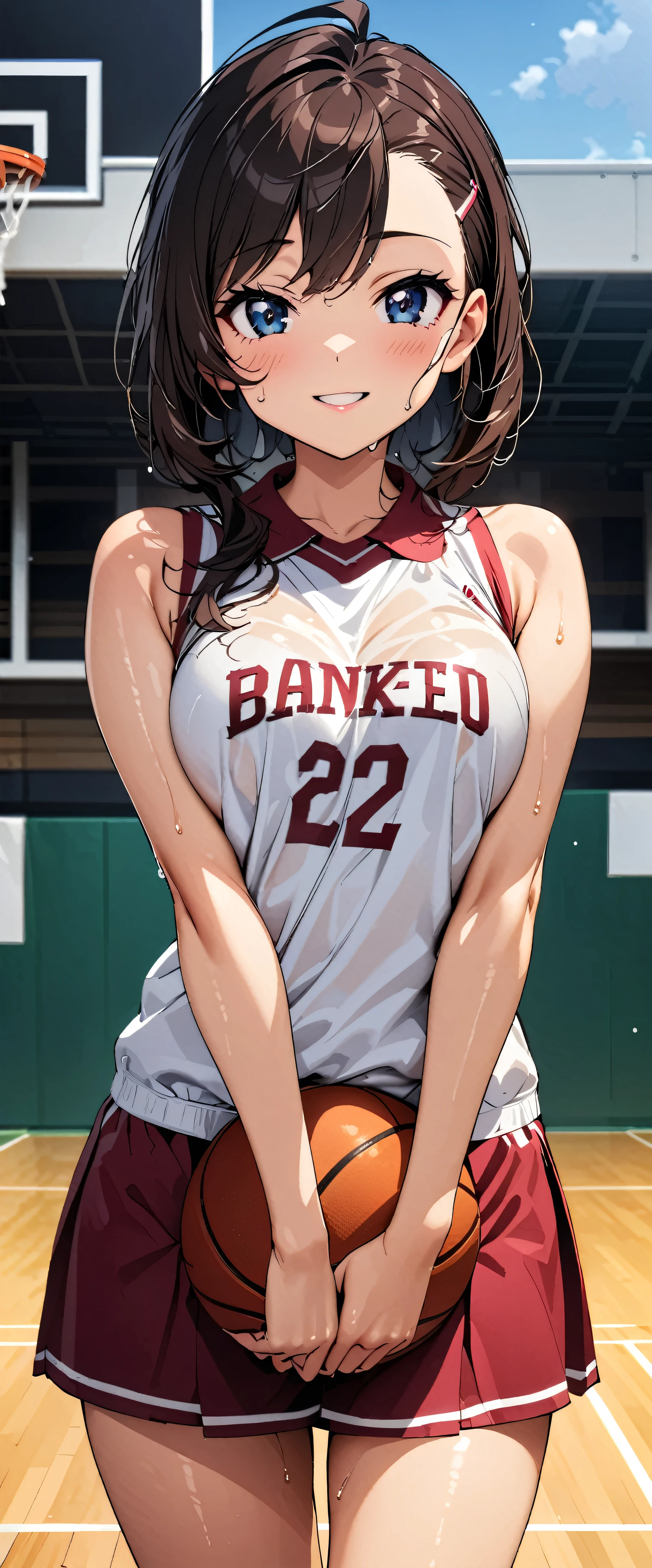 (masterpiece,highest quality,超A high resolution),japanese woman, (((Very beautiful 2 girl))), pretty girl、look at the photographer､  (()), super cute face, glossy lips, double eyelids in both eyes,natural smile、 natural makeup, long eyelashes, Shiny and smooth hair､center image,  perfect limbs, perfect anatomy,(((basketball sleeveless uniform)))、,(wet with sweat),,turn around and look back,basketball court,See-through,ポニーテール