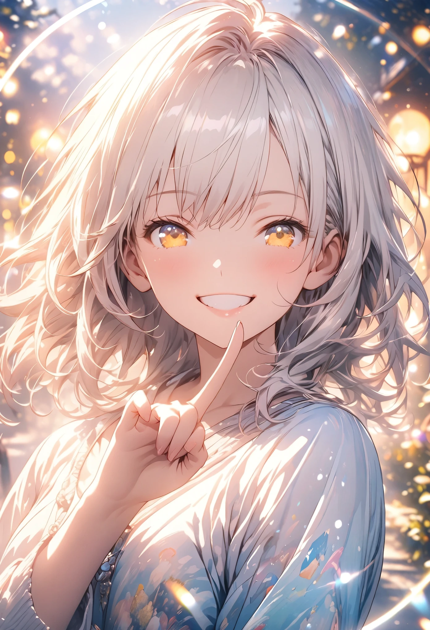 cinematic lighting, lens flare, f/1.2, masterpiece, Highest quality, Highly detailed CG Unity 8K wallpapers, Girl Anime Illustration. Making a finger gun gesture to the audience, she has her eyes closed and mouth open, smile. The background is a light pastel colored landscape., white hair color, Yellow Eyes, Bokeh Photo, (Soft Focus):1.2, Out of focus highlights, Dreamy atmosphere, Glowing circle, Fascinating Depth, The background is also realistic, Depth of written boundary, garden