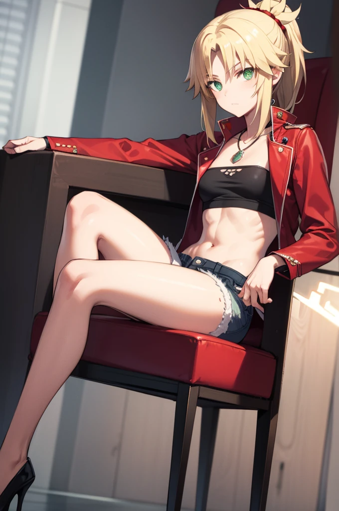 modred, (green eyes:1.5), ponytail, short hair red scrunchie, hair scrunchie, (small breast:1.2), BREAK blonde hair, denim shorts, jewelry, midriff, navel, necklace, red jacket, short shorts, shorts, tube top, white top, BREAK looking at viewer, BREAK outdoors, BREAK (masterpiece:1.2), best quality, high resolution, unity 8k wallpaper, (illustration:0.8), (beautiful detailed eyes:1.6), extremely detailed face, perfect lighting, extremely detailed CG, (perfect hands, perfect anatomy), (castle), on the throne, (sit on the throne with one's legs crossed)