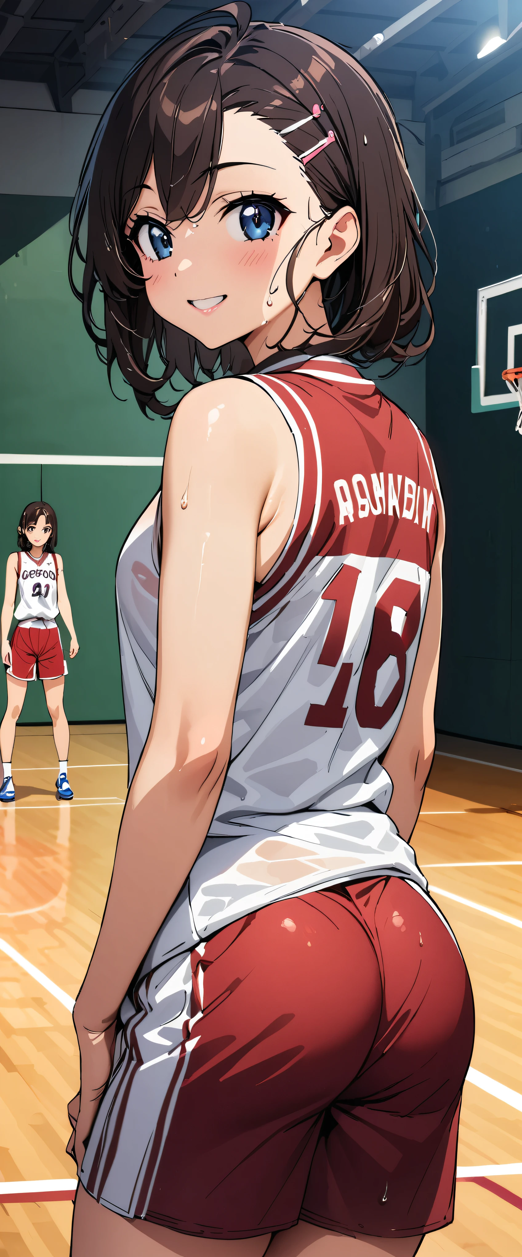 (masterpiece,highest quality,超A high resolution),japanese woman, (((Very beautiful 2 girl))), pretty girl、look at the photographer､  (()), super cute face, glossy lips, double eyelids in both eyes,natural smile、 natural makeup, long eyelashes, Shiny and smooth hair､center image,  perfect limbs, perfect anatomy,(((basketball sleeveless uniform)))、,(wet with sweat),,turn around and look back,basketball court,See-through,ポニーテール