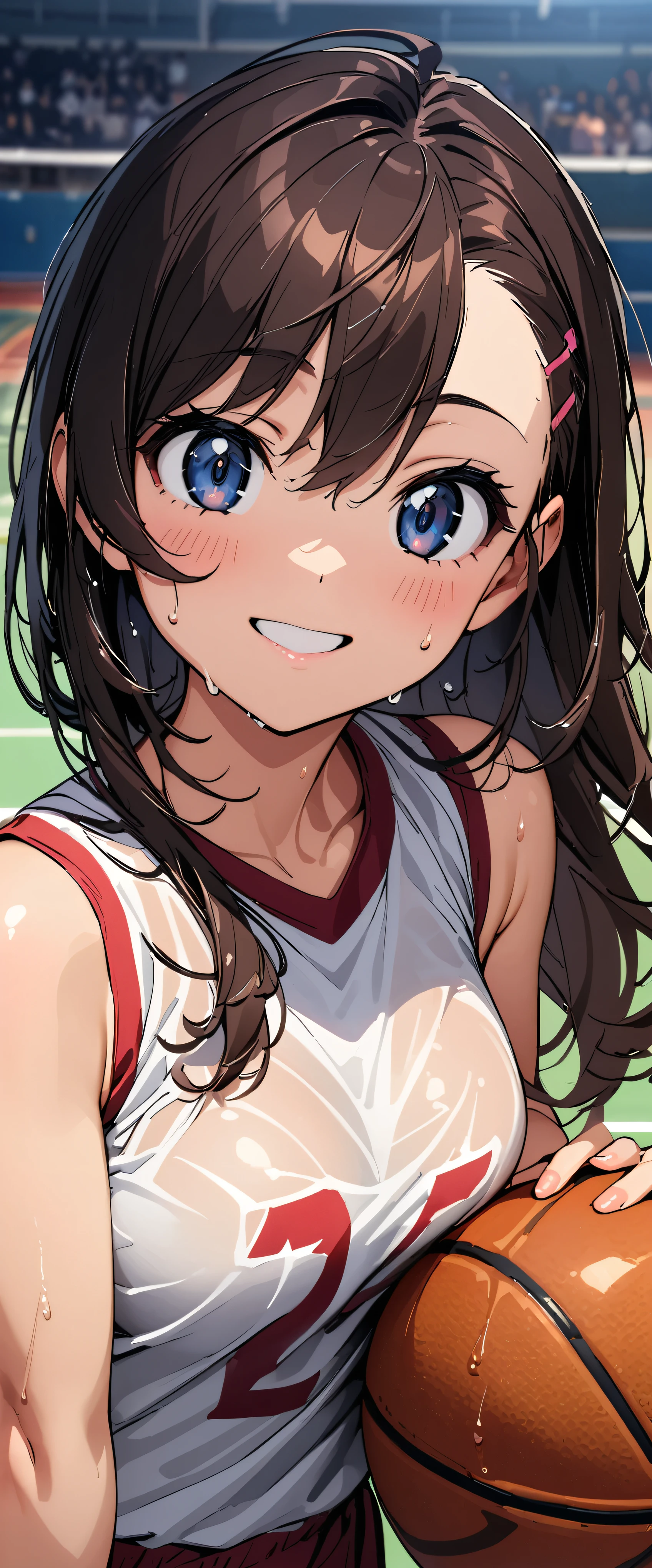 (masterpiece,highest quality,超A high resolution),japanese woman, (((Very beautiful 2 girl))), pretty girl、look at the photographer､  (()), super cute face, glossy lips, double eyelids in both eyes,natural smile、 natural makeup, long eyelashes, Shiny and smooth hair､center image,  perfect limbs, perfect anatomy,(((basketball sleeveless uniform)))、,(wet with sweat),ダイナミックなポーズ,basketball court,See-through,ポニーテール