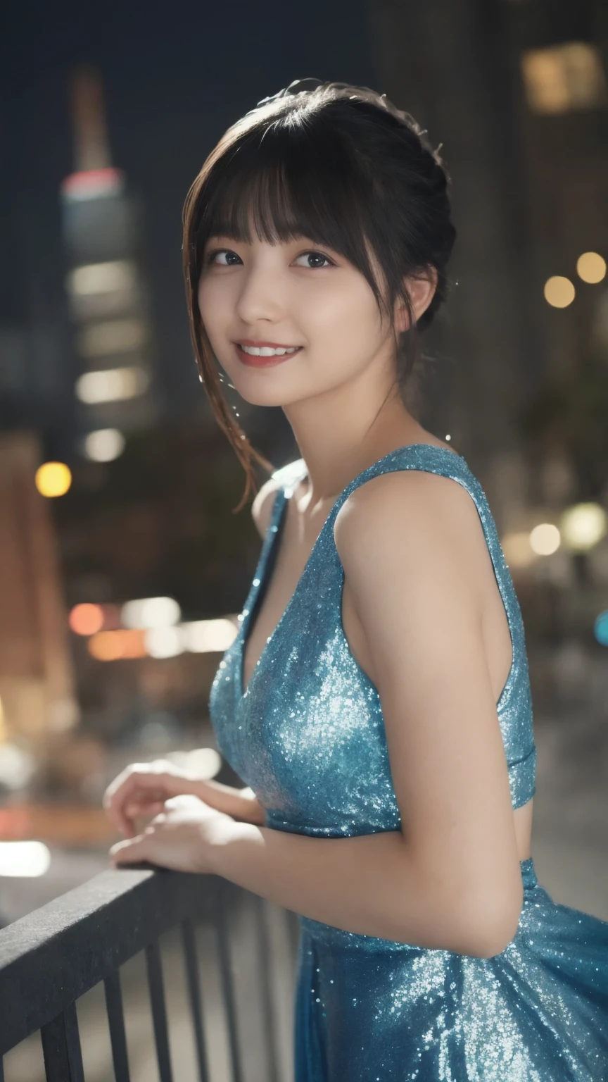 1girl,(wearing a blue glittery evening dress:1.2),(RAW photo, best quality), (realistic, photo-realistic:1.4), masterpiece, an extremely delicate and beautiful, extremely detailed, 2k wallpaper, Amazing, finely detail, extremely detailed CG unity 8k wallpaper, ultra-detailed, highres, soft light, beautiful detailed girl, extremely detailed eyes and face, beautiful detailed nose, beautiful detailed eyes,cinematic lighting,city lights at night,perfect anatomy,slender body,light smile,close up,(long hair with bangs), front view