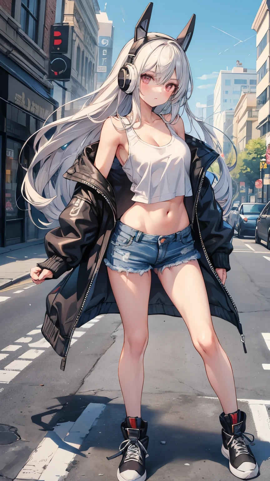 1girll, (Masterpiece:1.1), (Best quality:1.1), Wolf Girl,grey wolf ears on head,grey wolf tail,sliver long hair,wear cap,Tall body,Slim body,Large breasts,Nice legs,in a street at night,Moonlight