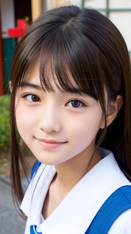 High school girl, Young face, Adorable face, Japan&#39;s Top Idols, (((Sleeveless sailor suit))), ((((Sleeveless)))), mini skirt, Long brown hair, Side braided hair, Thready hair, Expressive Hair, Shiny Hair, A smile as she turns around, Ultra-high resolution,Masterpiece, Best Quality, Precision in the details, Realistic skin texture, Shiny hair, ((((Sleeveless shirt)))), Healthy upper arms, Voluptuous thighs