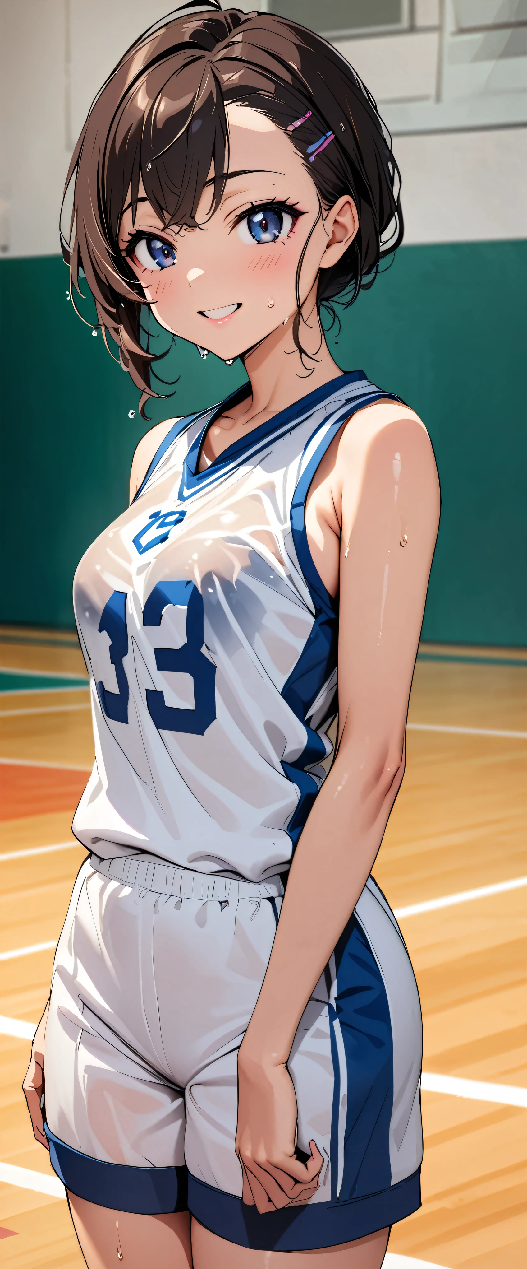 (masterpiece,highest quality,超A high resolution),japanese woman, (((Very beautiful 2 girl))), pretty girl、look at the photographer､  (()), super cute face, glossy lips, double eyelids in both eyes,natural smile、 natural makeup, long eyelashes, Shiny and smooth hair､center image,  perfect limbs, perfect anatomy,(((basketball sleeveless uniform)))、,(wet with sweat),ダイナミックなポーズ,basketball court,See-through,ポニーテール