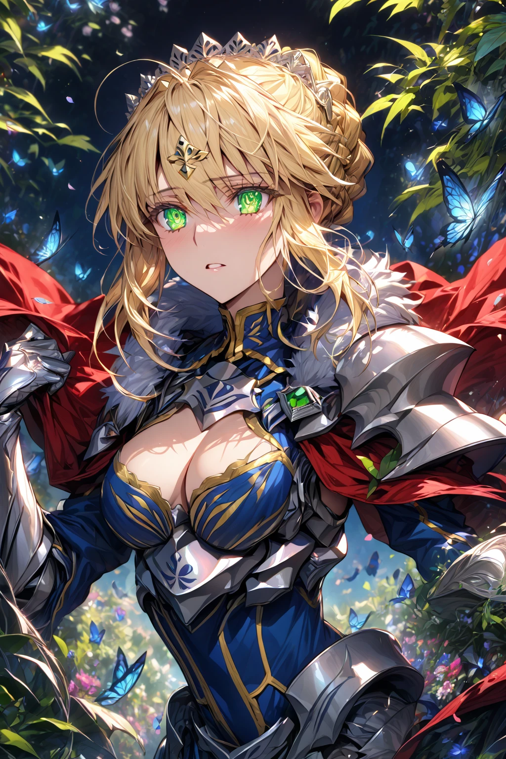 absurdres, highres, ultra detailed, HDR, master piece, Artoria Pendragon, blonde hair, expressive green eyes, woman, best quality, Fate Grand Order, solo, sensual, extremely beautiful, petals, blue clothes, red cape with fur, detailed face, glittering eyes, detailed eyes, garden, green leaves, silver armor, blue butterflies, silver gloves