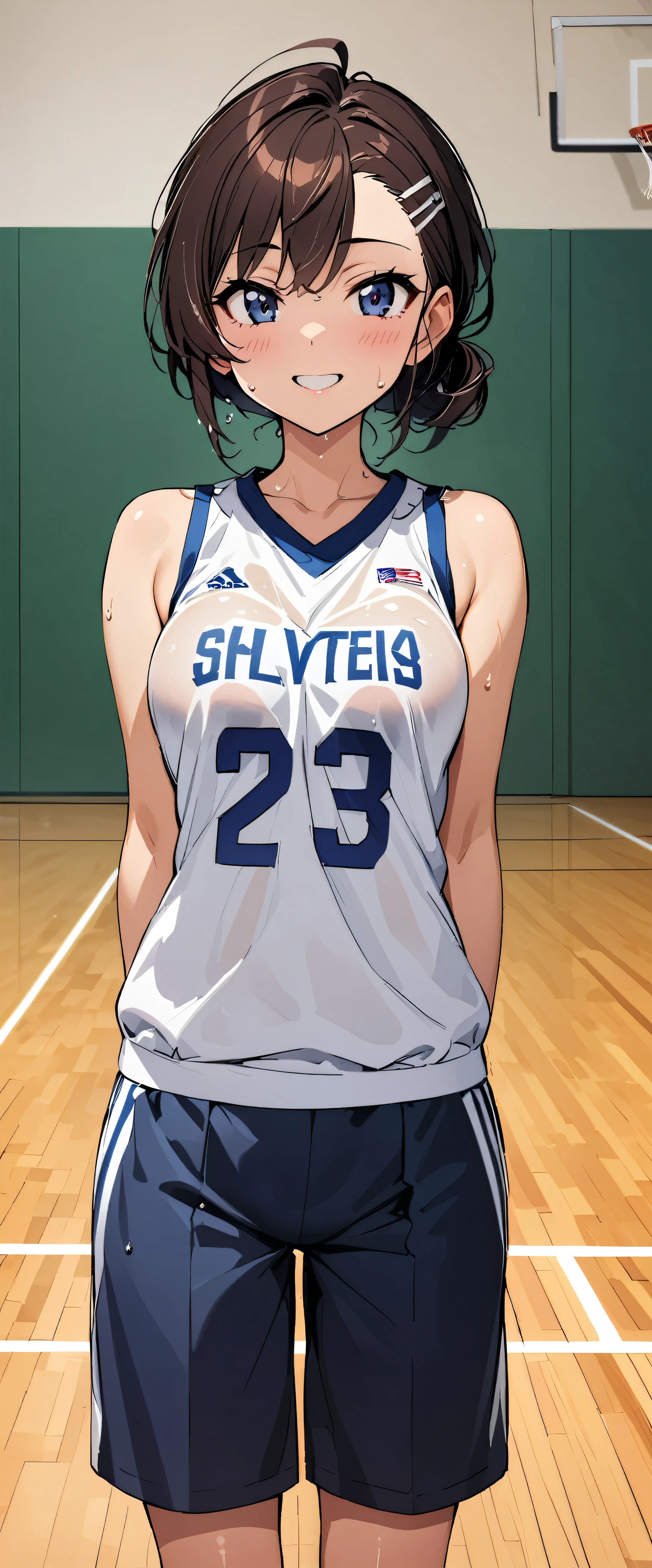 (masterpiece,highest quality,超A high resolution),japanese woman, (((Very beautiful 2 girl))), pretty girl、look at the photographer､  (()), super cute face, glossy lips, double eyelids in both eyes,natural smile、 natural makeup, long eyelashes, Shiny and smooth hair､center image,  perfect limbs, perfect anatomy,(((basketball sleeveless uniform)))、,(wet with sweat),ダイナミックなポーズ,basketball court,See-through,ポニーテール