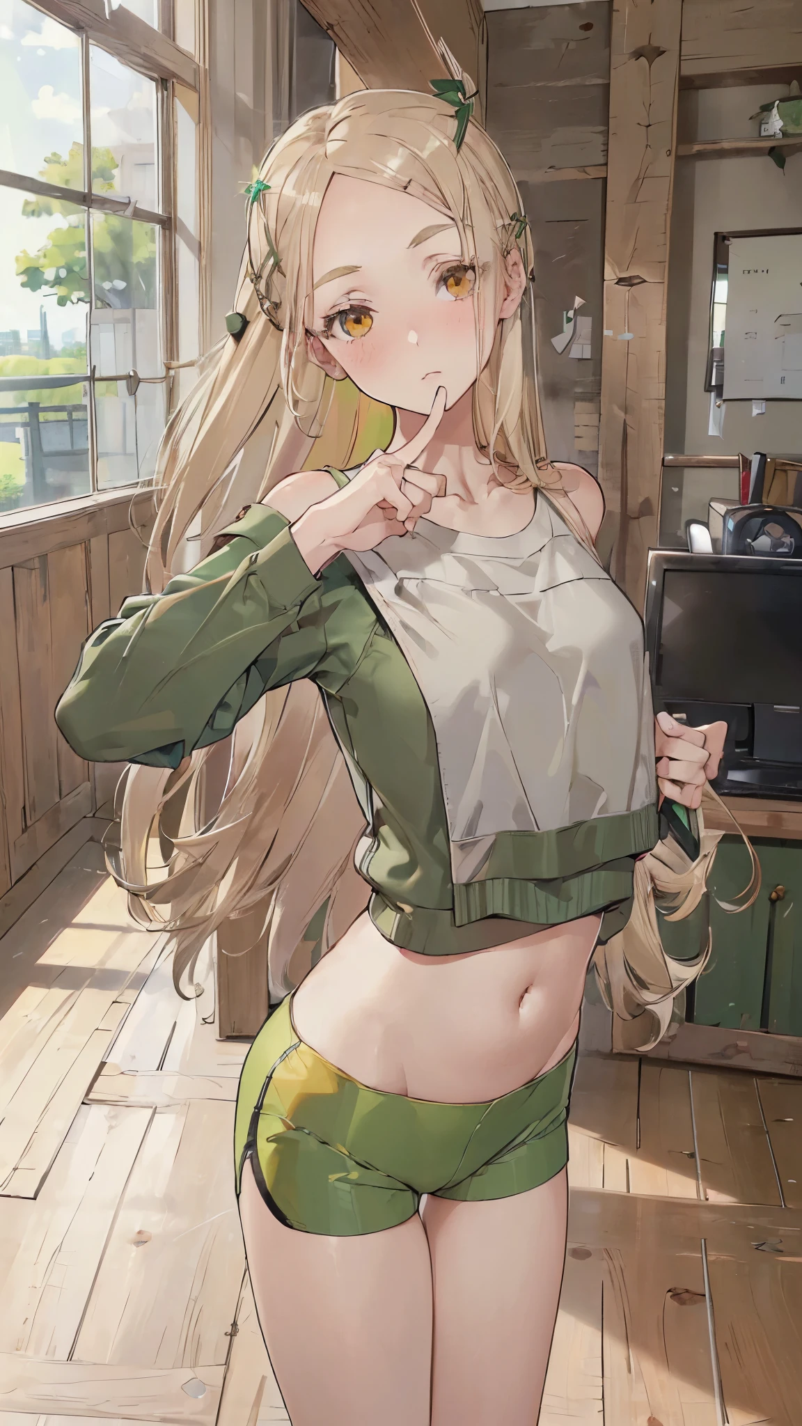 masterpiece, ultra detailed, 8k portrait, RAW photo, portrait photography, Highly detailed face, beautiful and meticulous eyes, (amber color eyes:1.5), (blush:1.5), (tilt one's head:1.5), (leaning forward:1.5), (dance lesson on training room:1.5), indoor, (green half sleeve training wear and green shorts:1.7), cute girl, (platinum blond hair:1.5), (platinum blond colored eyelash:1.5), (medium hair:1.0), (parted bangs:1.5), (hairpin1.5), (sleepy face:1.0), young girl, 1girl, beauty girl, pretty girl, 159cm, 41kg, (skinny:1.7),