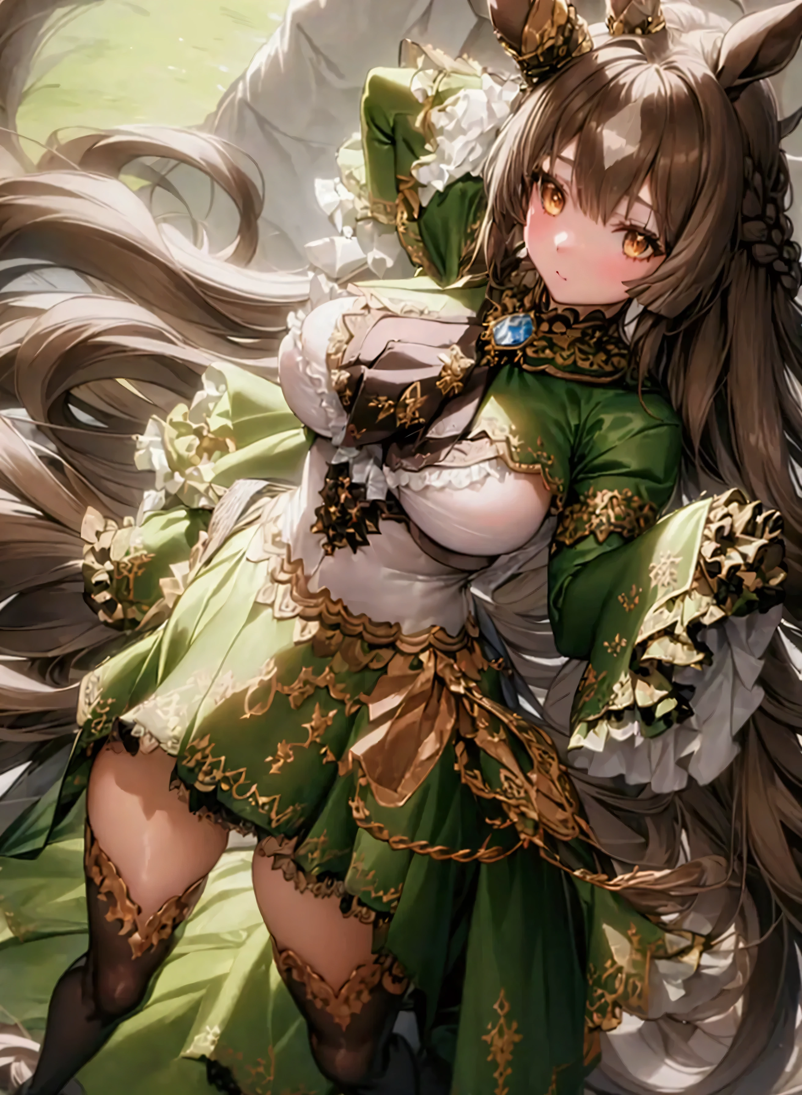 (Super detailed), masterpiece, (Best Quality), Realistic,　detailed eyes, Detailed face, Fine hair, Sparkle, Horse Girl_Satono Diamond　One Girl, Long Hair, Half Up, Braiding, Animal ears, earrings, Horse tail　Long sleeve, White shirt, Black Ascot, Green Dress, (Sleeves are longer than the wrist:1.2), Black knee-highs　Brown eyes, wind, Depth of written boundary, Shining Eyes，(Huge breasts)　Standing posture　View here